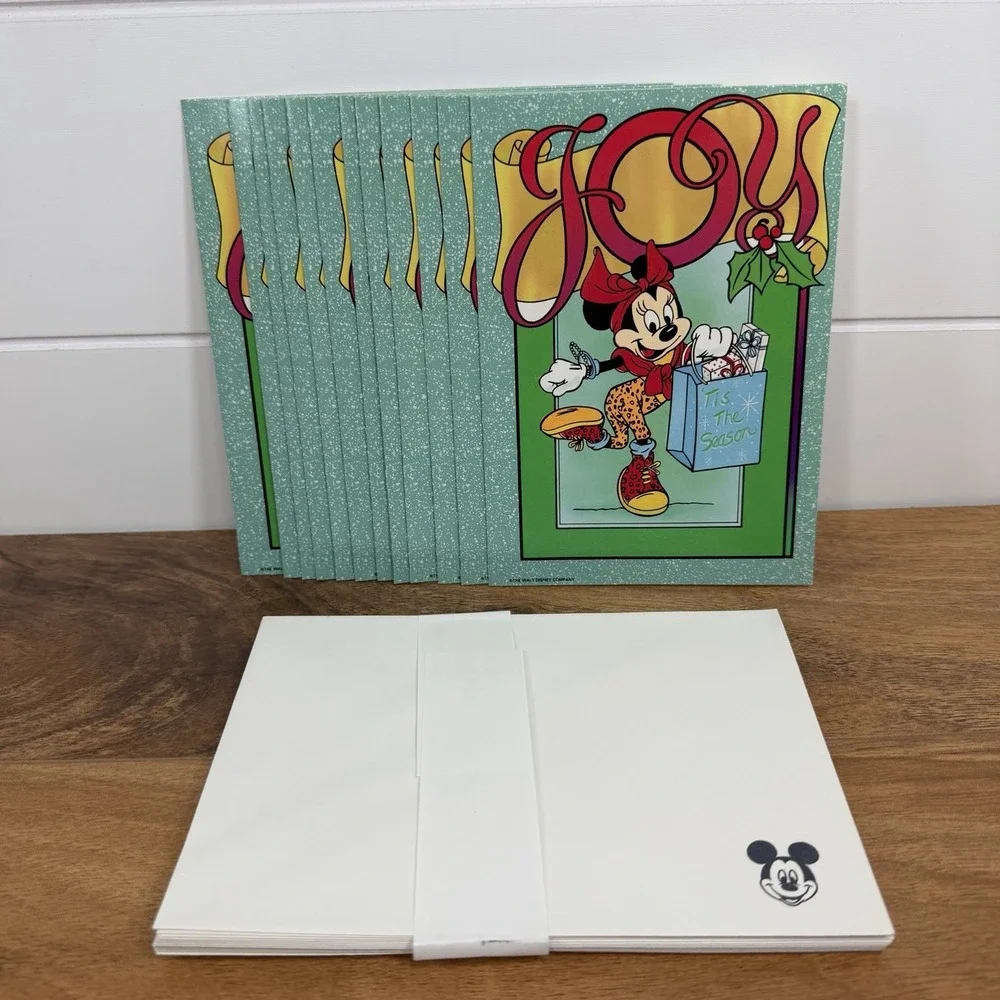 VTG Minnie Mouse Disney Christmas Greeting Cards + Envelopes Joy Shopping Bag 12